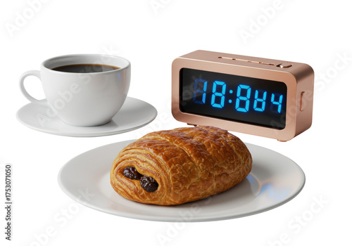 Isolated Breakfast scene with coffee cup, chocolate croissant and digital clock on table