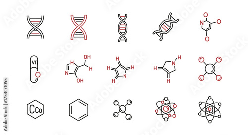 Science icon set with DNA helix, atom models, and molecular structures. Vector line art for chemistry, genetics, biology research, and education. Chemical formula symbols.