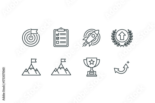 Goal and success line icon set. Business achievement, startup launch, career growth, and mission accomplished concepts. Target, checklist, rocket, trophy vector icons.