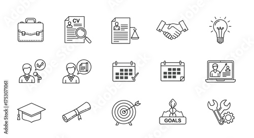Business and career development line icon set. Human resources, job search, CV analysis, and recruitment concepts. Education, graduation, and goal achievement vector icons.