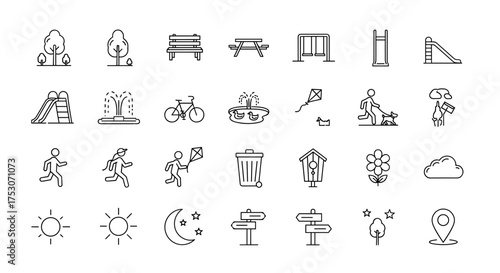 City park and outdoor activity line icon set. Collection of thin line vector symbols for recreation, leisure, and nature. Includes playground, bike, walking, kite, and bench.