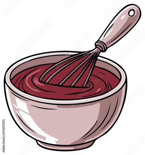 Cartoon Illustration of a Whisk Mixing Dark Red Sauce in a Bowl for Baking and Cooking