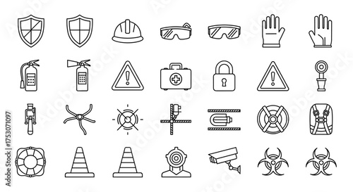 Safety line icons set. Workplace security and protection equipment. Vector collection of symbols like hard hat, warning sign, fire extinguisher, first aid kit and biohazard.