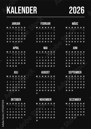 Black German 2026 calendar yearly template single vertical page. Layout deutsch monthly planner for the year