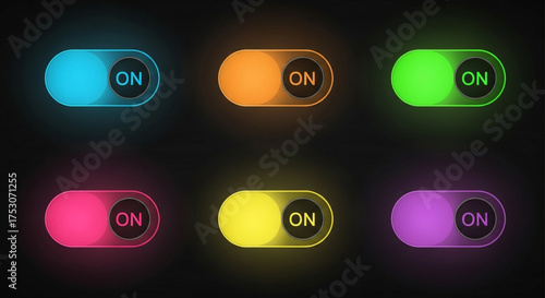 Collection of glowing on off toggle switches in various colors against a dark background, representing modern technology and user interface design