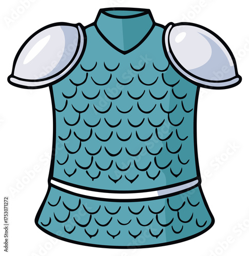 Cartoon style image of a teal colored medieval armor with shoulder pads