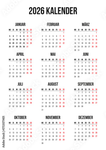 German 2026 year calendar grid template single vertical page of 12 month. Layout deutsch planner for the year. Week start on Monday