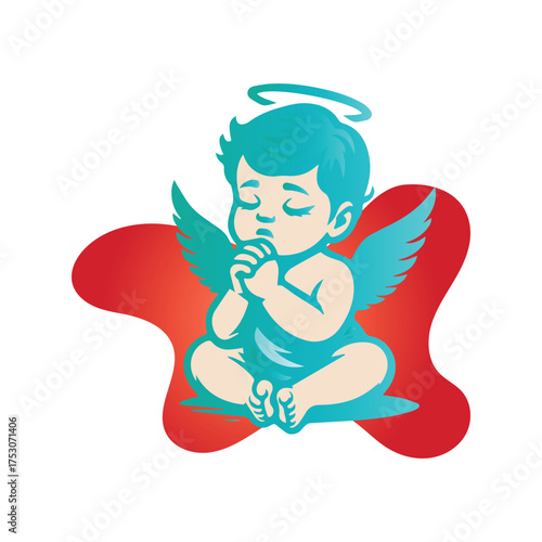 Praying Angel Illustration Peaceful Depiction of a Baby Angel with Wings and Halo on a Red Backdrop