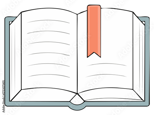 Cartoon Illustration of an Open Hardcover Book with a Ribbon Bookmark