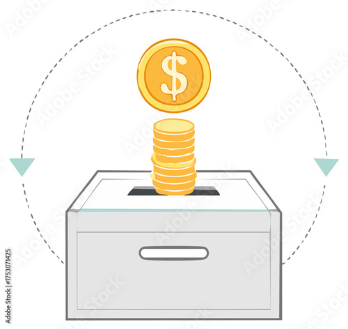Gold dollar coins stacking into a donation box representing financial contribution