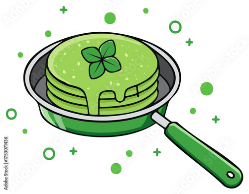 Whimsical illustration of green pancakes stacked in frying pan topped with four leaf clover