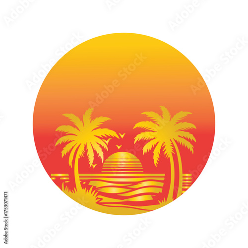 Golden hour at a tropical beach depicted in a circular vector graphic, showing a beautiful sunset between two coconut palm trees over the sea
