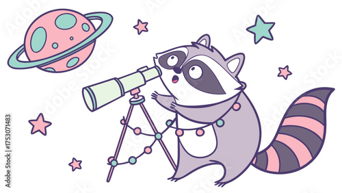 Cute Surprised Raccoon, accessorized with wrapped in fairy lights, in a Galaxy Dreams world – Starlight Mix palette vector