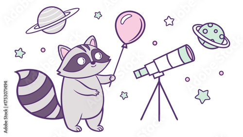 Loving expression on a Raccoon in a Galaxy Dreams theme, with with a balloon – Starlight Mix vector art