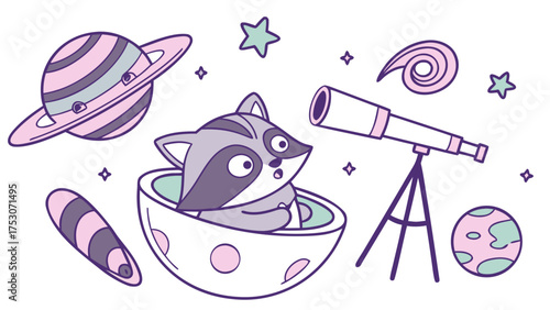 Creative SVG: Surprised Raccoon with in a teacup in a Starlight Mix colored Galaxy Dreams theme