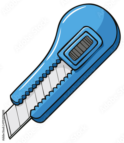 Bright blue utility knife with a retractable blade and serrated edge, illustrated tool for cutting