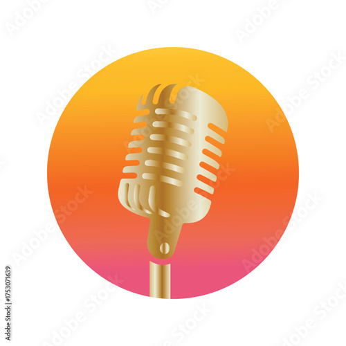 Vintage Golden Microphone Icon on Sunset Background