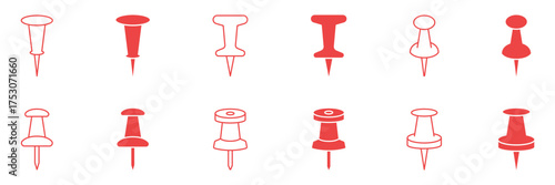 Push Pin Icon Set. Office Supplies, Bulletin Board, And Organization Tools Outline And Silhouette Symbol Collection. Stationery And Planning Essentials. Isolated Vector Illustration