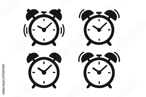 Set of four alarm clock icons depicting rings and motion in minimalist black and white design