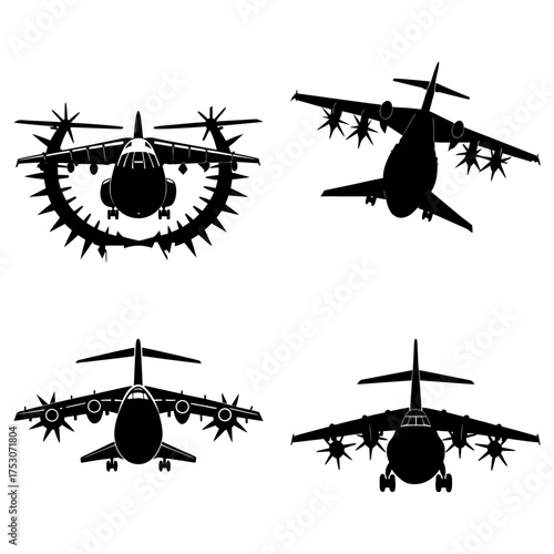 Four black airplane silhouettes in different orientations and with varying propeller configurations shown