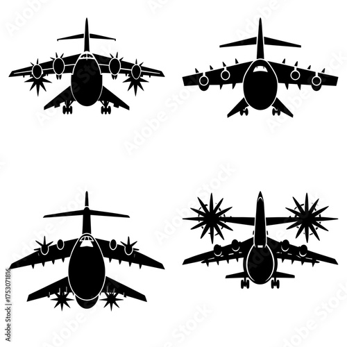 Four black and white illustrations of military cargo planes with different propeller configurations