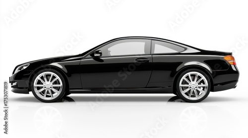 A stylish black coupe with shiny wheels is displayed against a pristine white backdrop. The vehicle's sleek design highlights its luxury features and aerodynamic shape.