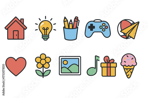 Colorful icons: house, lightbulb, pencils, game controller, paper airplane, heart, flower, picture, music note, gift, ice cream