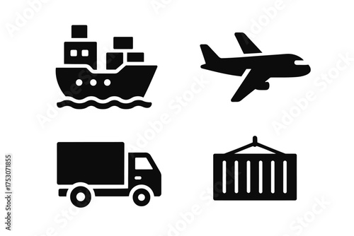Icons of transportation: ship, airplane, truck, and container