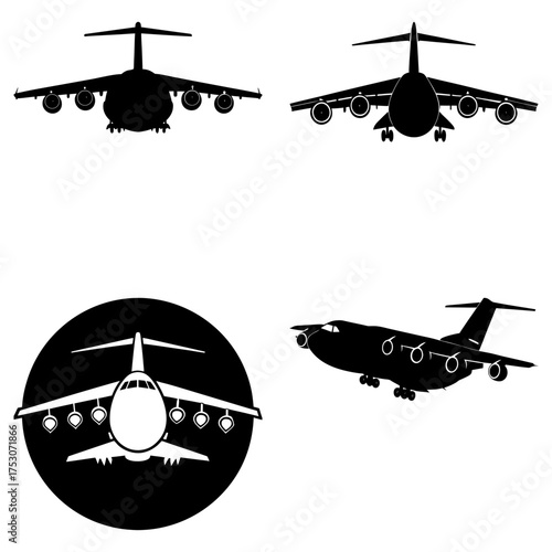 Silhouettes of cargo airplanes in various views including front side and circular icon design with wings