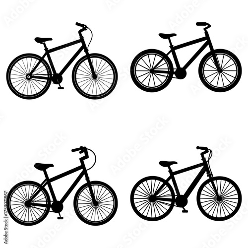 Four bicycle silhouettes arranged in a grid pattern against a white background showing spokes and frames