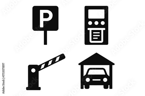 Parking sign icons collection: garage, meter, barrier, car symbols