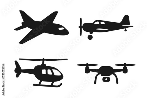 Silhouettes of airplane, helicopter, drone, and vintage aircraft on white background