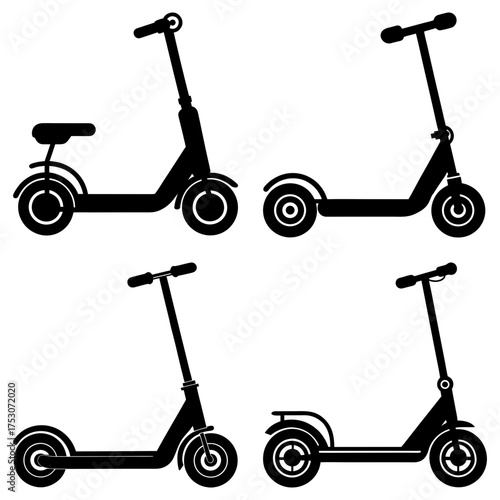 Four scooter silhouettes with varying designs including seat and folding mechanisms displayed in black and white