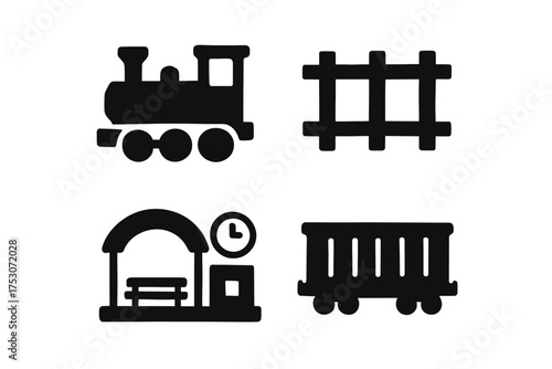 Silhouette icons of locomotive train, tracks, station, and carriage