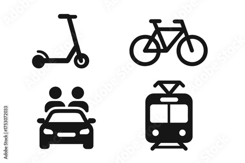 Icons of scooter, bicycle, carpool, and tram for urban transportation