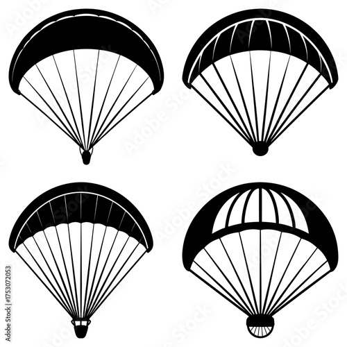 Four black and white parachute illustrations with different designs and suspension line arrangements shown