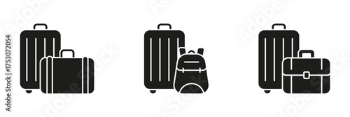 Luggage And Bags Solid Icon Set. Travel Suitcase, Backpack, And Briefcase Silhouette Symbol Collection. Ideal For Travel, Business, And Education Themes. Isolated Vector Illustration
