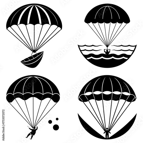 Illustration of four different parachute designs with various landing scenarios in black and white style