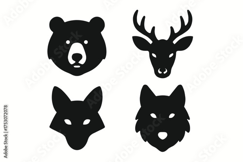 Silhouette icons of bear, deer, fox, and wolf: wildlife in black and white