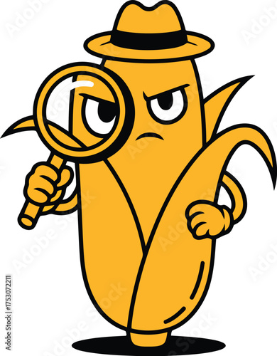 Cartoon corn detective wearing hat examining with magnifying glass investigation