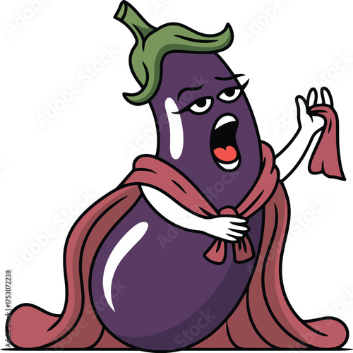 Cartoon eggplant character singing dramatically with a cape purple green