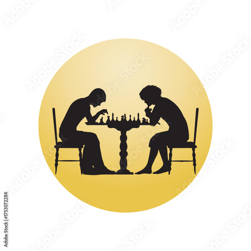 Two people playing chess in a vintage silhouette style