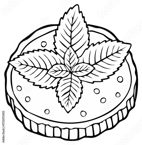 Hand drawn coloring page illustration of a round cake dessert with a fresh mint leaf garnish