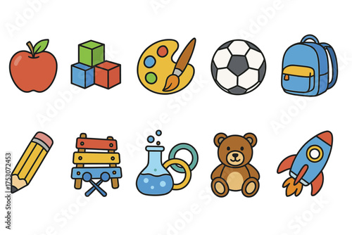 Colorful school and play icons featuring toys and supplies