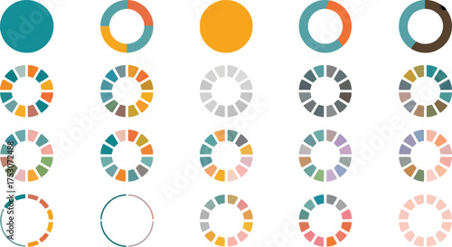Collection of colorful donut charts showing different data sets isolated on white background