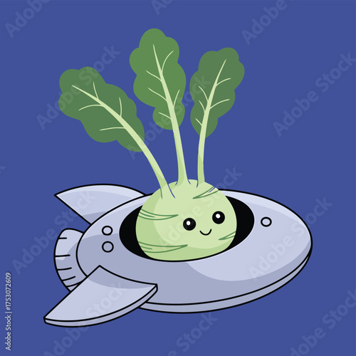 Cute kohlrabi character in a spaceship vegetable rocket