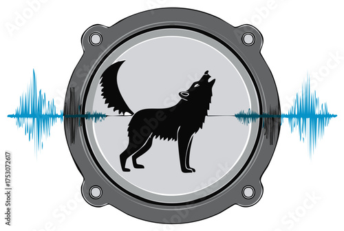 Wolf howling inside a speaker symbol with sound waves