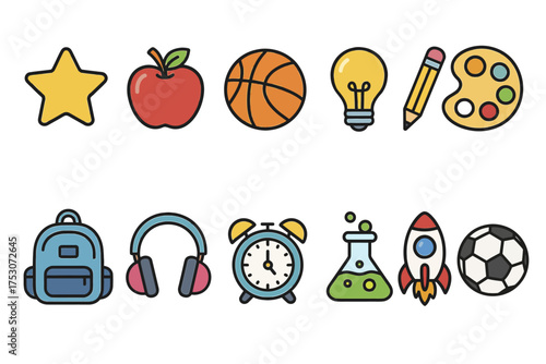 Colorful icons of school and hobbies: star, apple, basketball, lightbulb, art, backpack, headphones, clock, science, rocket, soccer ball