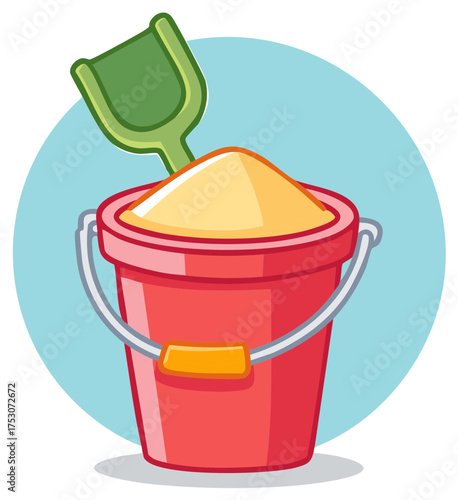 Fun Cartoon Illustration of a Red Bucket Filled with Sand and a Green Shovel Toy