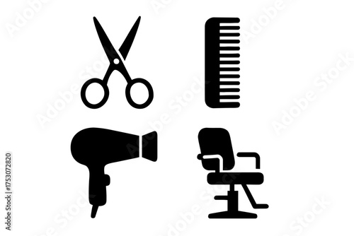 Barber shop icon set: scissors, comb, hairdryer, salon chair